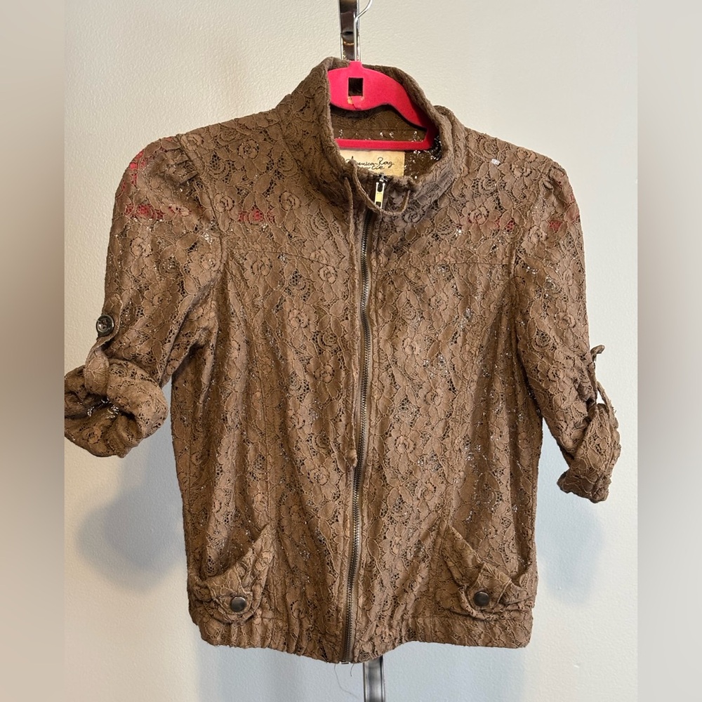 American Rag Women's Brown‎ Jacket Floral Lace Roll Sleeve Med Jacket